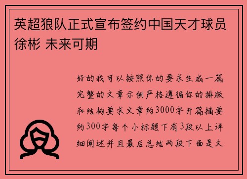 英超狼队正式宣布签约中国天才球员徐彬 未来可期