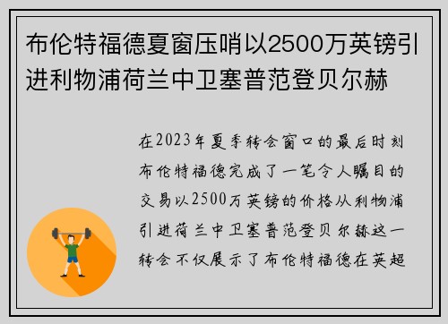 布伦特福德夏窗压哨以2500万英镑引进利物浦荷兰中卫塞普范登贝尔赫