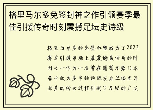 格里马尔多免签封神之作引领赛季最佳引援传奇时刻震撼足坛史诗级